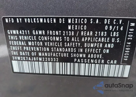 2015 Volkswagen Jetta 2.0L S from USA, damaged, VIN 3VW2K7AJ8FM220332